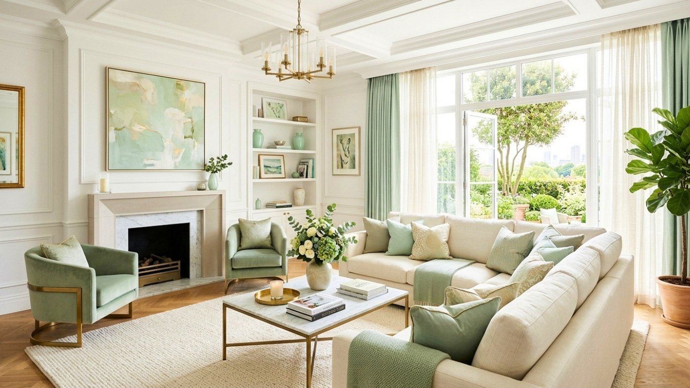 Sage green living room with brass accents and jute rug