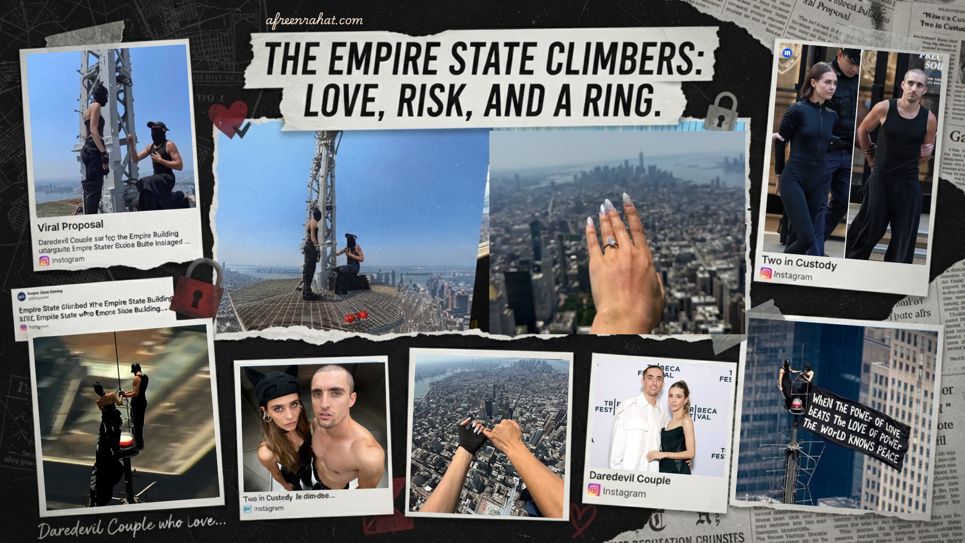 Angela Nikolau and Ivan Beerkus at the top of the Empire State Building during their July 2026 proposal climb and peace banner stunt.