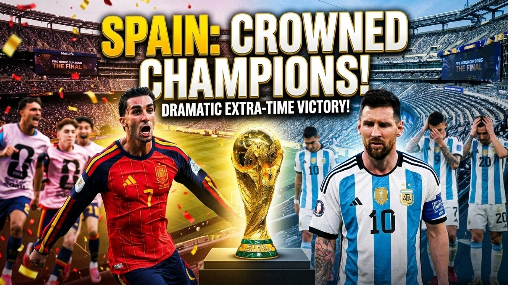 Ferran Torres celebrates after scoring the winning goal for Spain against Argentina in the FIFA World Cup 2026 Final.